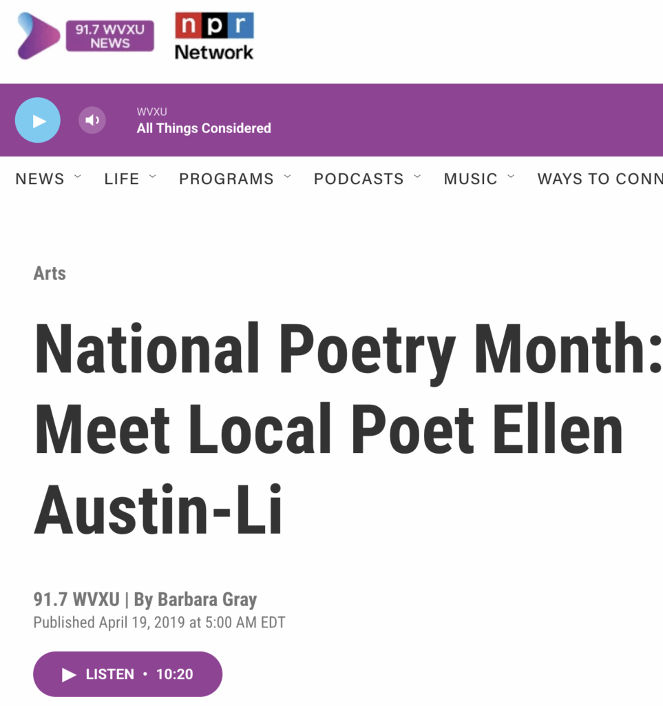 Screen capture from National Poetry Month: Meet Local Poet Ellen Austin-Li91.7 WVXU | By Barbara Gray Published April 19, 2019 at 5:00 AM EDT